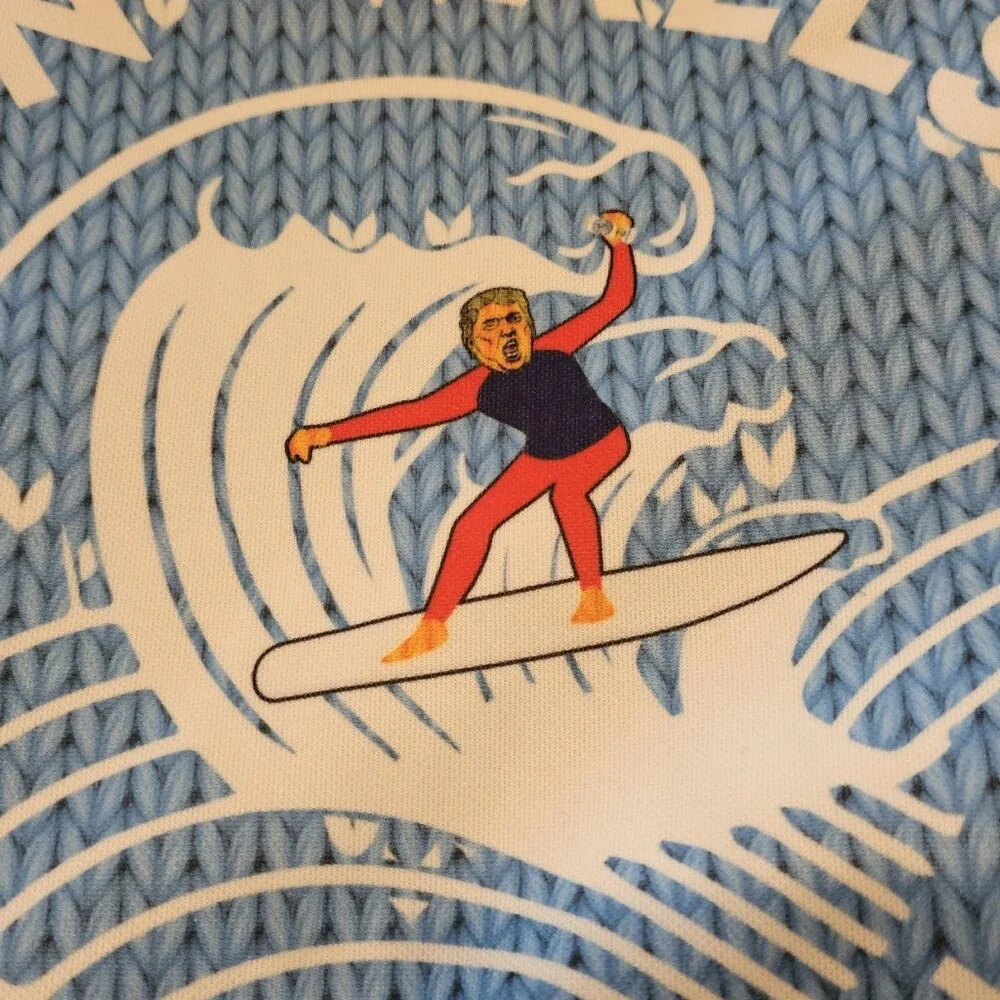 Greater Half Donald Trump Ugly Christmas‎ Sweater White Claw Surfer Blue Sz M